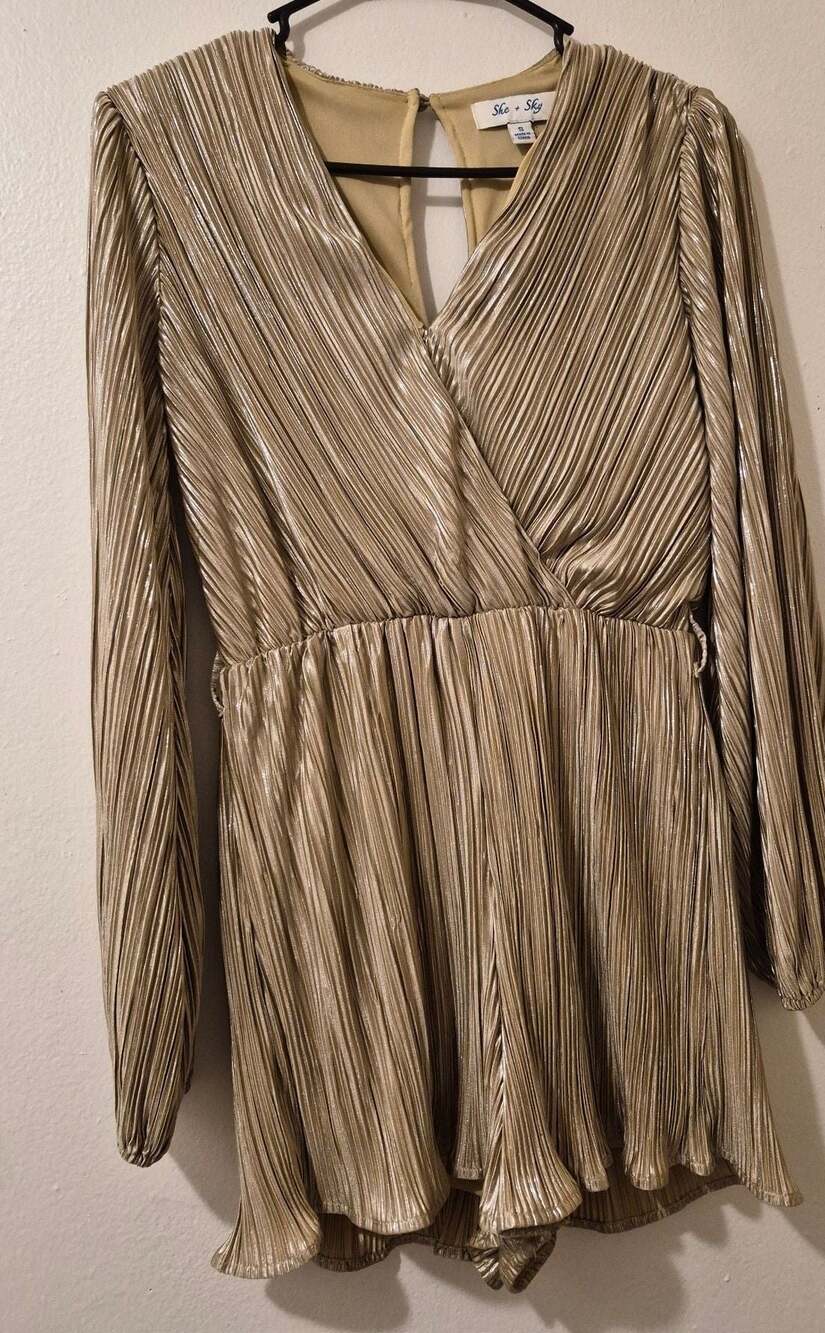 She + Sky Gold Metallic Pleated Long Sleeve Wrap Romper